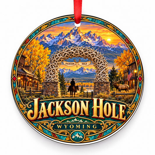 Jackson Hole, Wyoming Retro Travel Christmas Ornament with red hanging ribbon