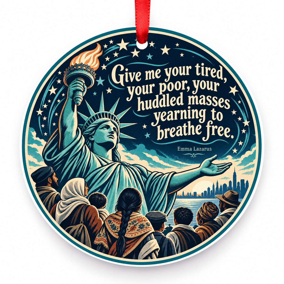Give Me Your Tired, Your Poor, Your Huddled Masses Yearning to Breathe Free Christmas Ornament with red hanging ribbon