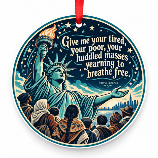 Give Me Your Tired, Your Poor, Your Huddled Masses Yearning to Breathe Free Christmas Ornament with red hanging ribbon