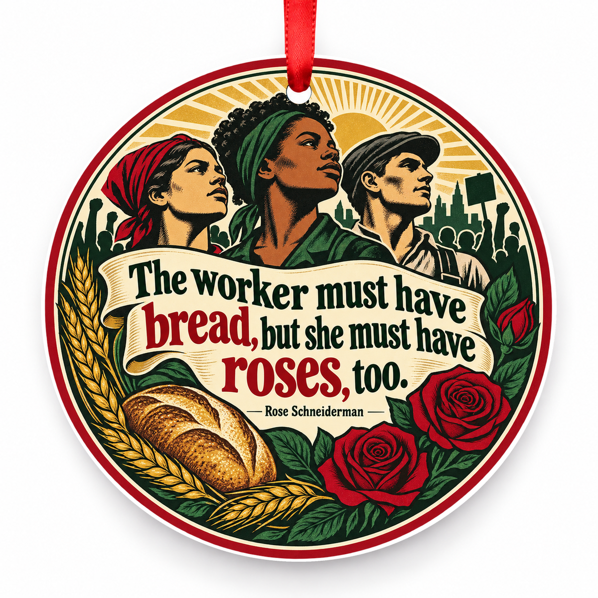 The Worker Must Have Bread, but She Must Have Roses, Too Christmas Ornament with red hanging ribbon