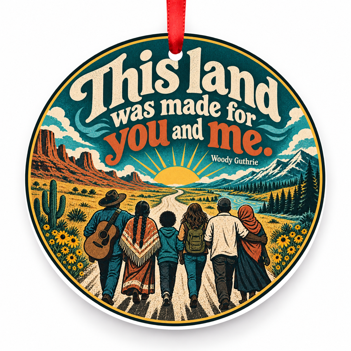 This Land Was Made for You and Me Christmas Ornament with red hanging ribbon