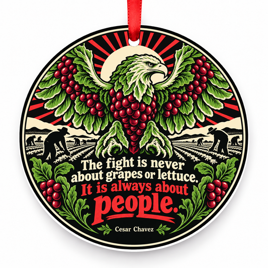The Fight is Never About Grapes or Lettuce. It is Always About People Christmas Ornament with red hanging ribbon