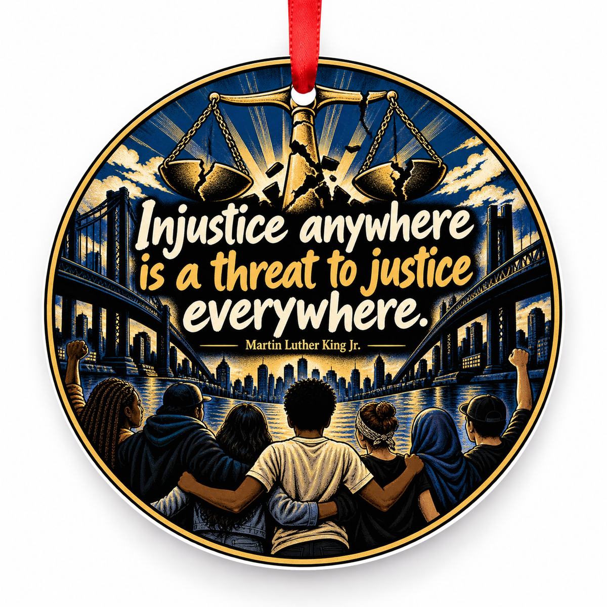 Injustice Anywhere is a Threat to Justice Everywhere Christmas Ornament with red hanging ribbon