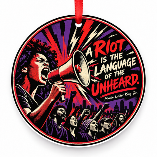 A Riot is the Language of the Unheard Christmas Ornament with red hanging ribbon