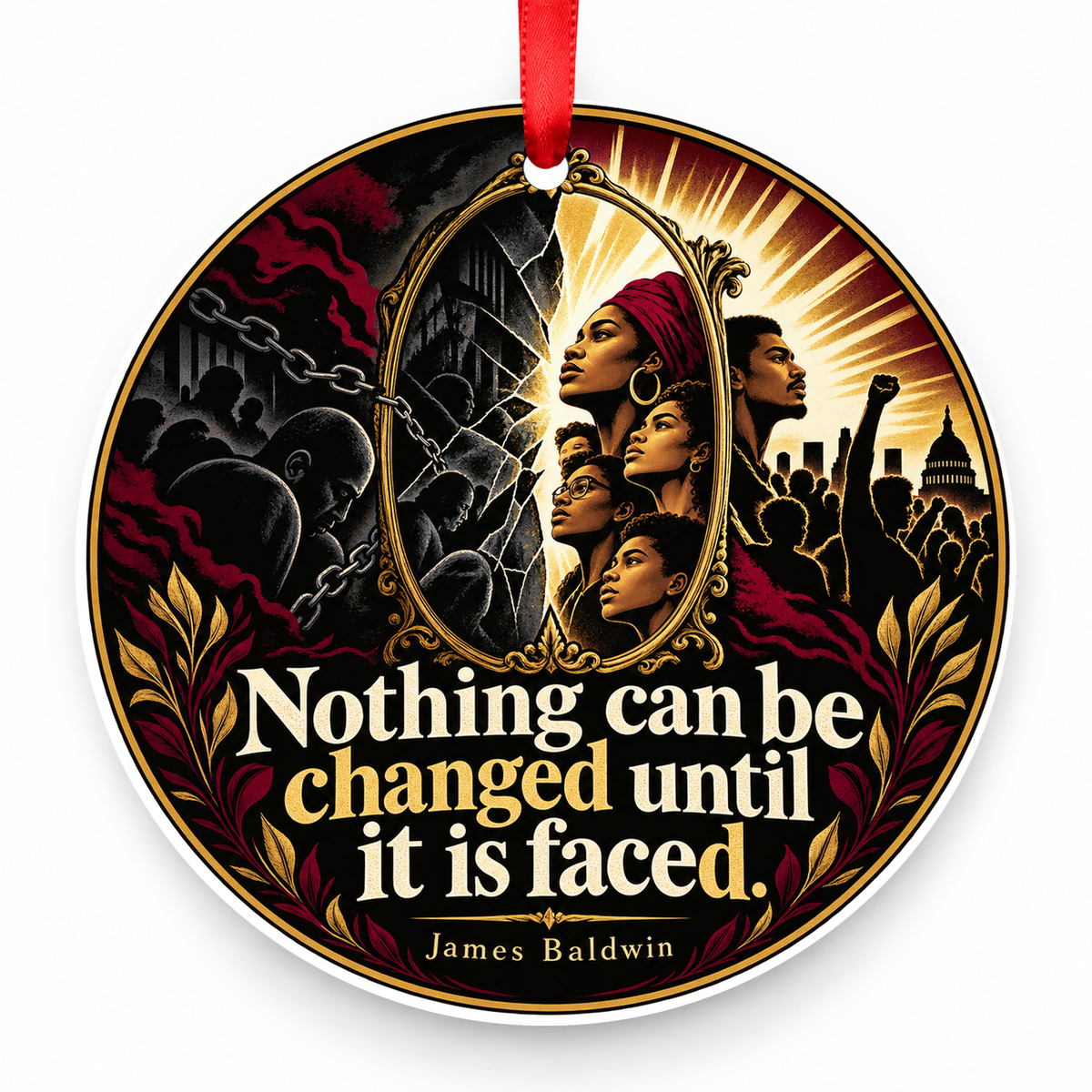 Nothing Can Be Changed Until It is Faced Christmas Ornament with red hanging ribbon
