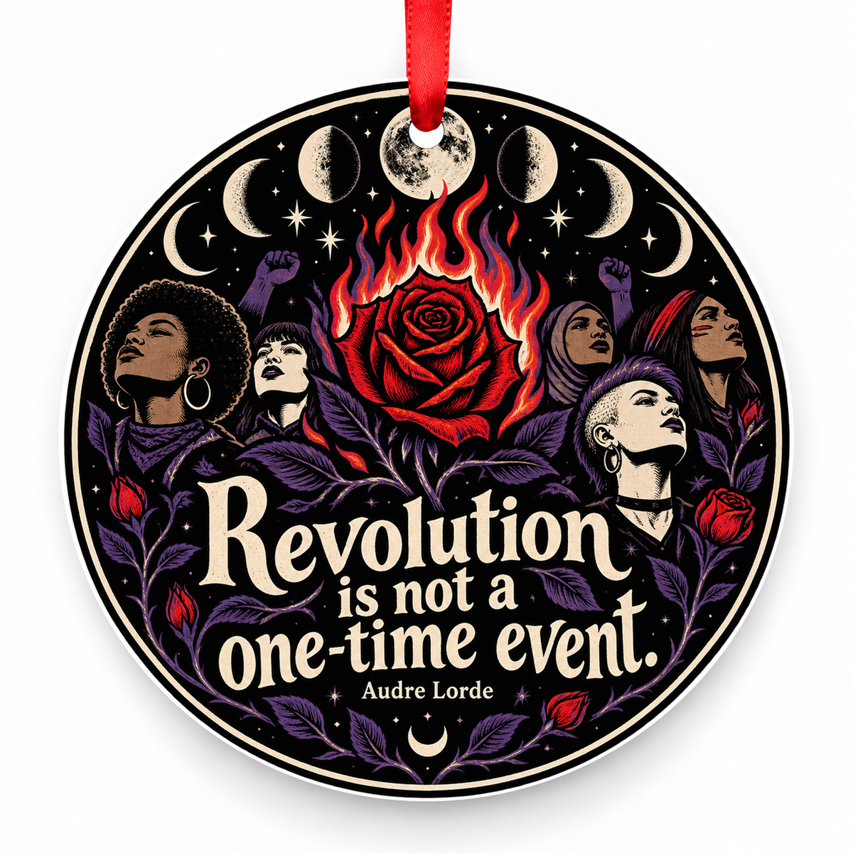 Revolution is Not a One-time Event Christmas Ornament with red hanging ribbon