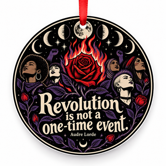 Revolution is Not a One-time Event Christmas Ornament with red hanging ribbon
