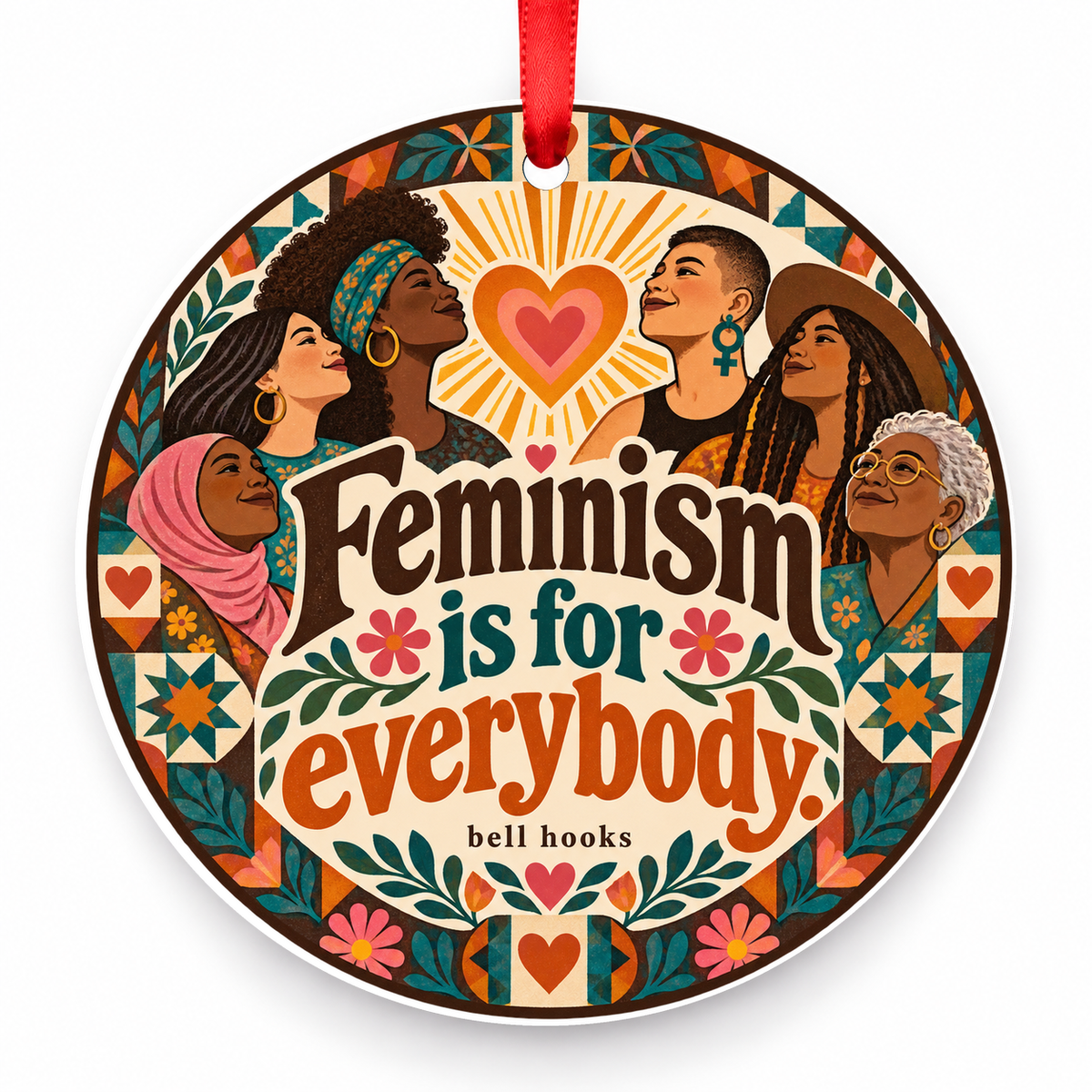 Feminism is for Everybody Christmas Ornament with red hanging ribbon
