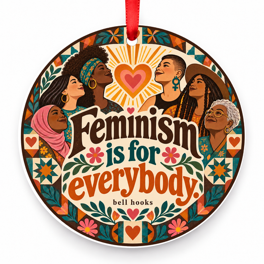Feminism is for Everybody Christmas Ornament with red hanging ribbon