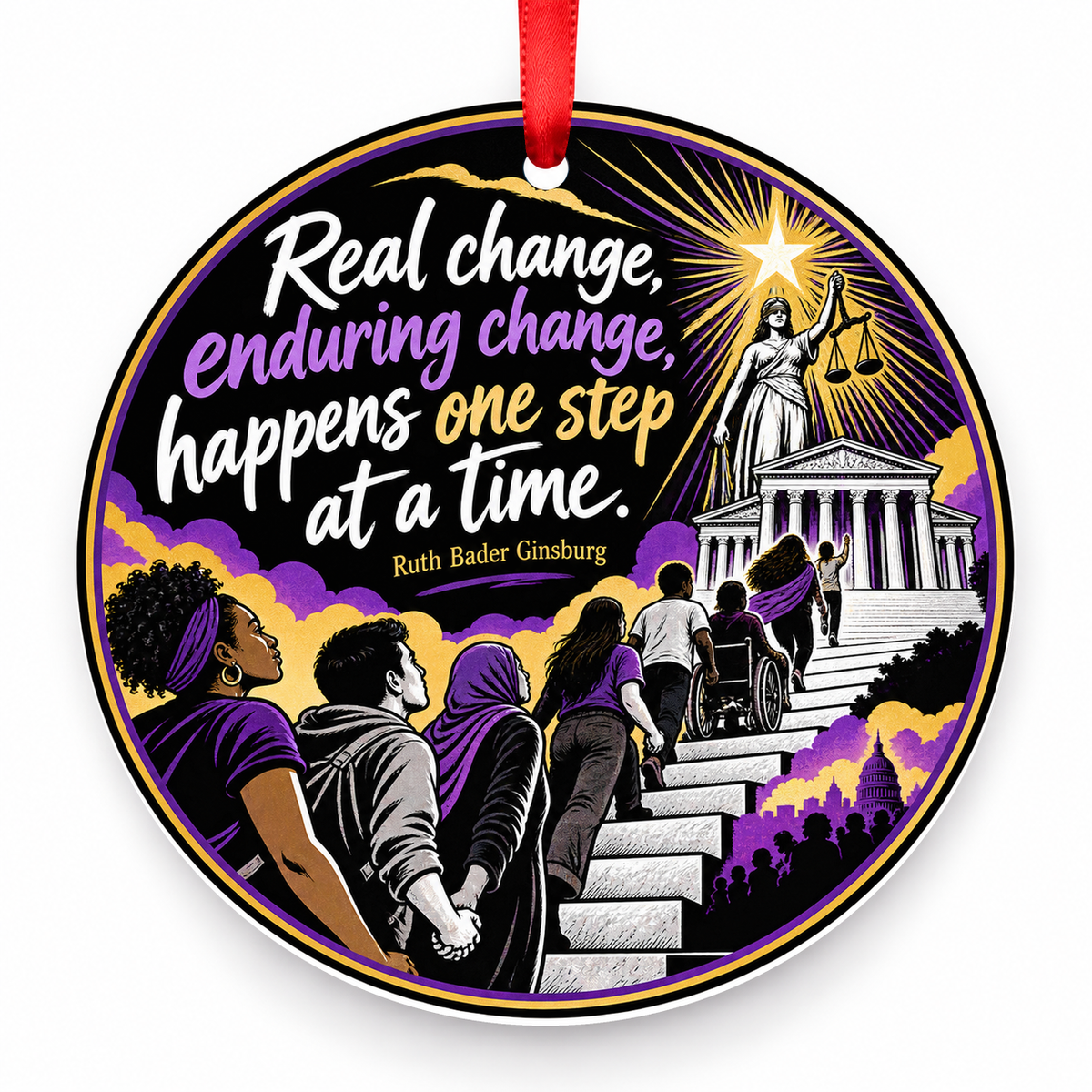 Real Change, Enduring Change, Happens One Step at a Time Christmas Ornament with red hanging ribbon