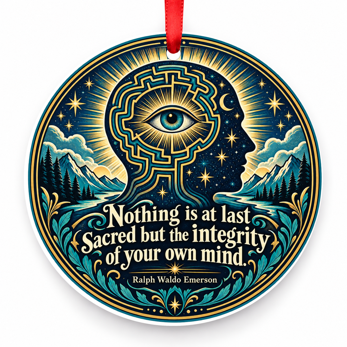 Nothing is at Last Sacred but the Integrity of Your Own Mind Christmas Ornament with red hanging ribbon