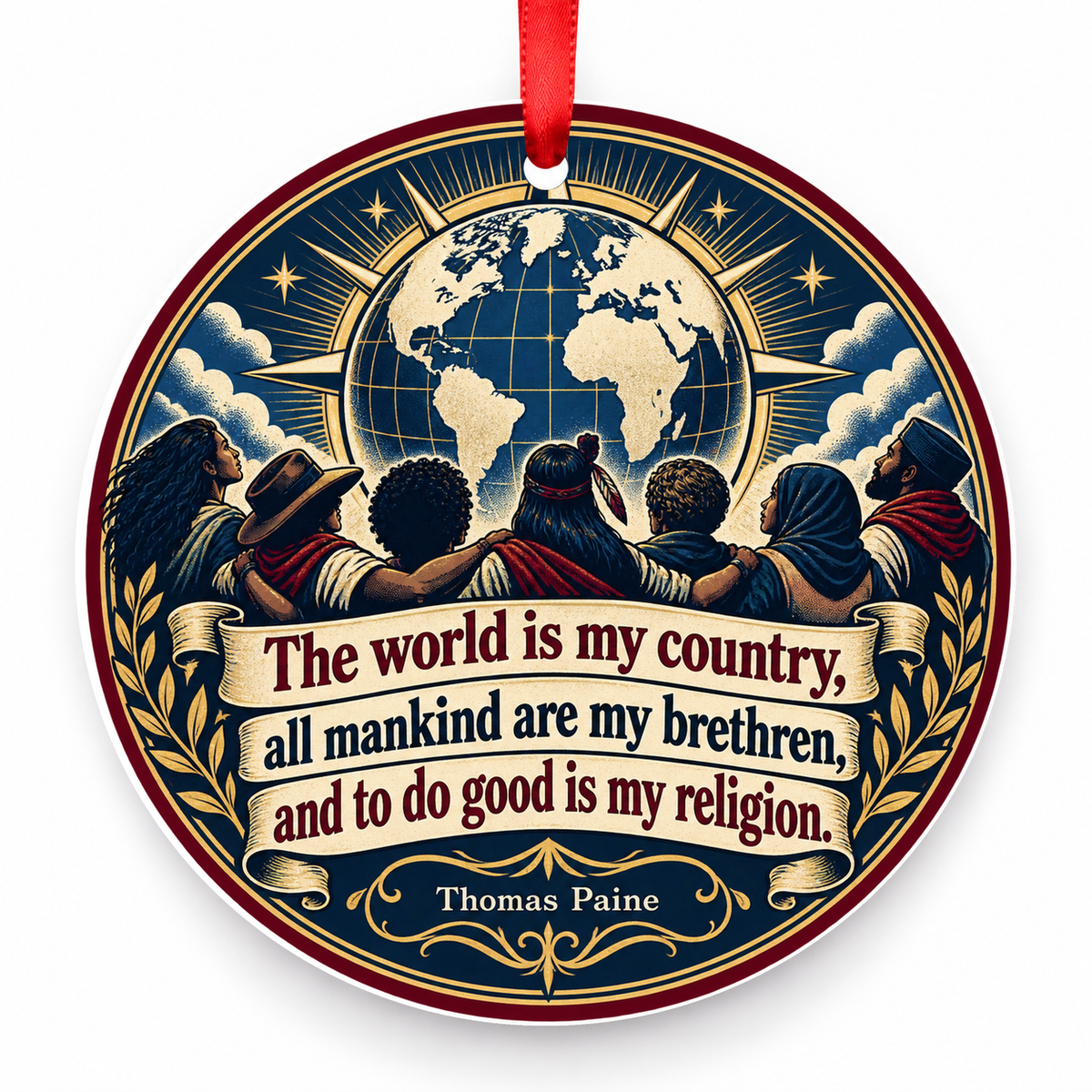 The World is My Country, All Mankind Are My Brethren, and to Do Good is My Religion Christmas Ornament with red hanging ribbon