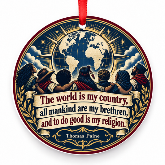 The World is My Country, All Mankind Are My Brethren, and to Do Good is My Religion Christmas Ornament with red hanging ribbon