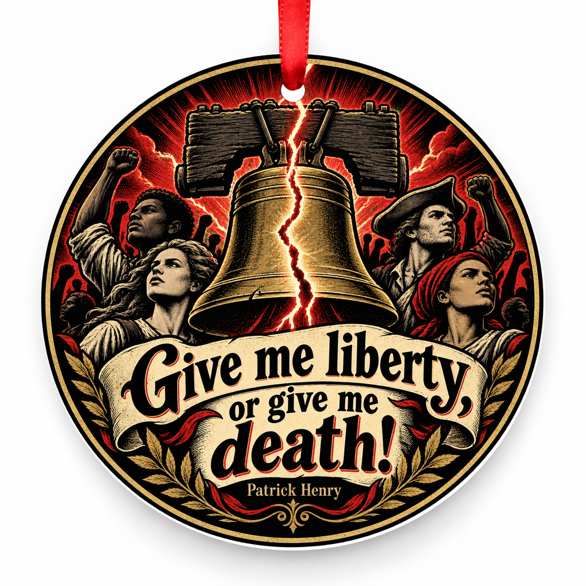 Give Me Liberty, or Give Me Death Christmas Ornament with red hanging ribbon