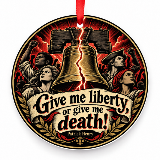 Give Me Liberty, or Give Me Death Christmas Ornament with red hanging ribbon