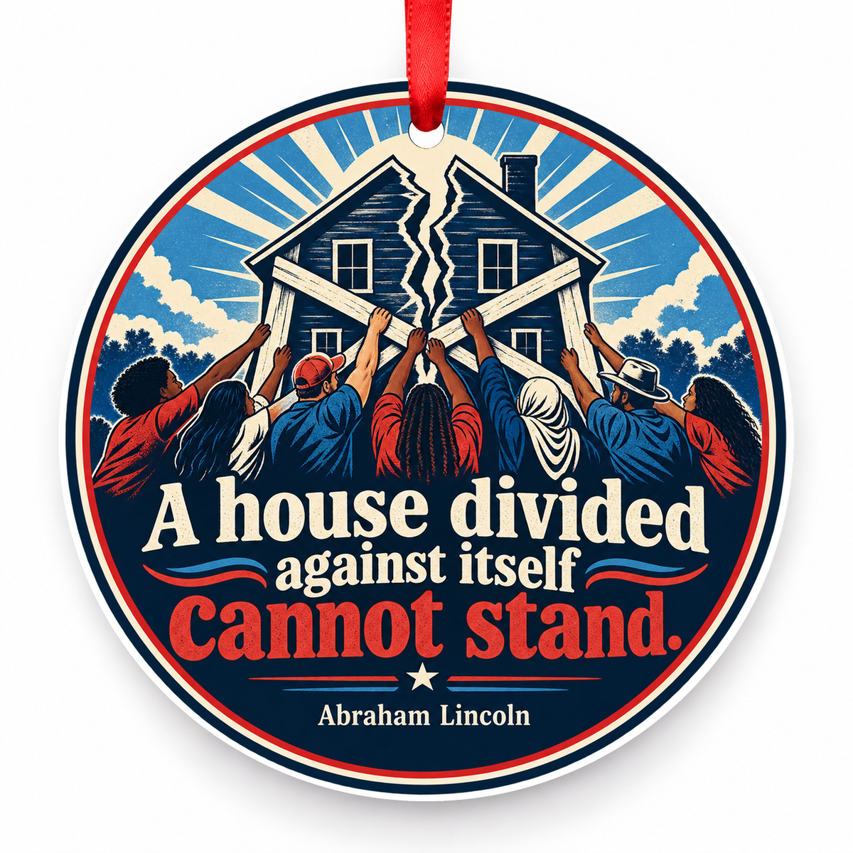 A House Divided Against Itself Cannot Stand Christmas Ornament with red hanging ribbon