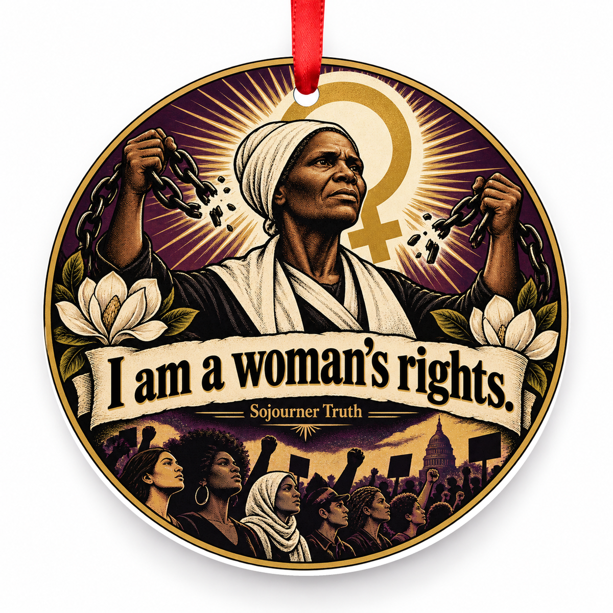 I Am a Woman's Rights Christmas Ornament with red hanging ribbon