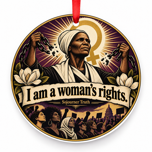 I Am a Woman's Rights Christmas Ornament with red hanging ribbon