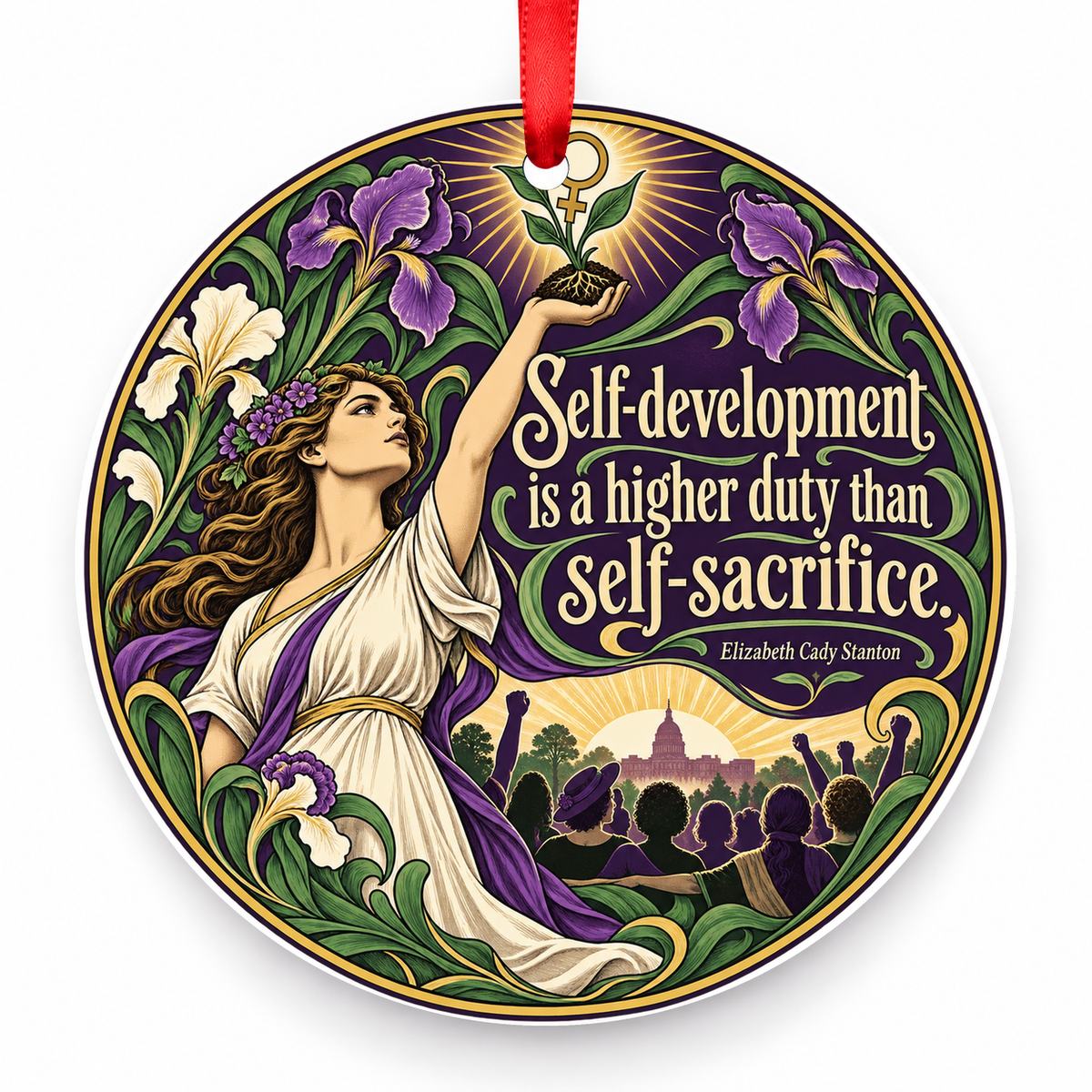 Self-development is a Higher Duty Than Self-sacrifice Christmas Ornament with red hanging ribbon