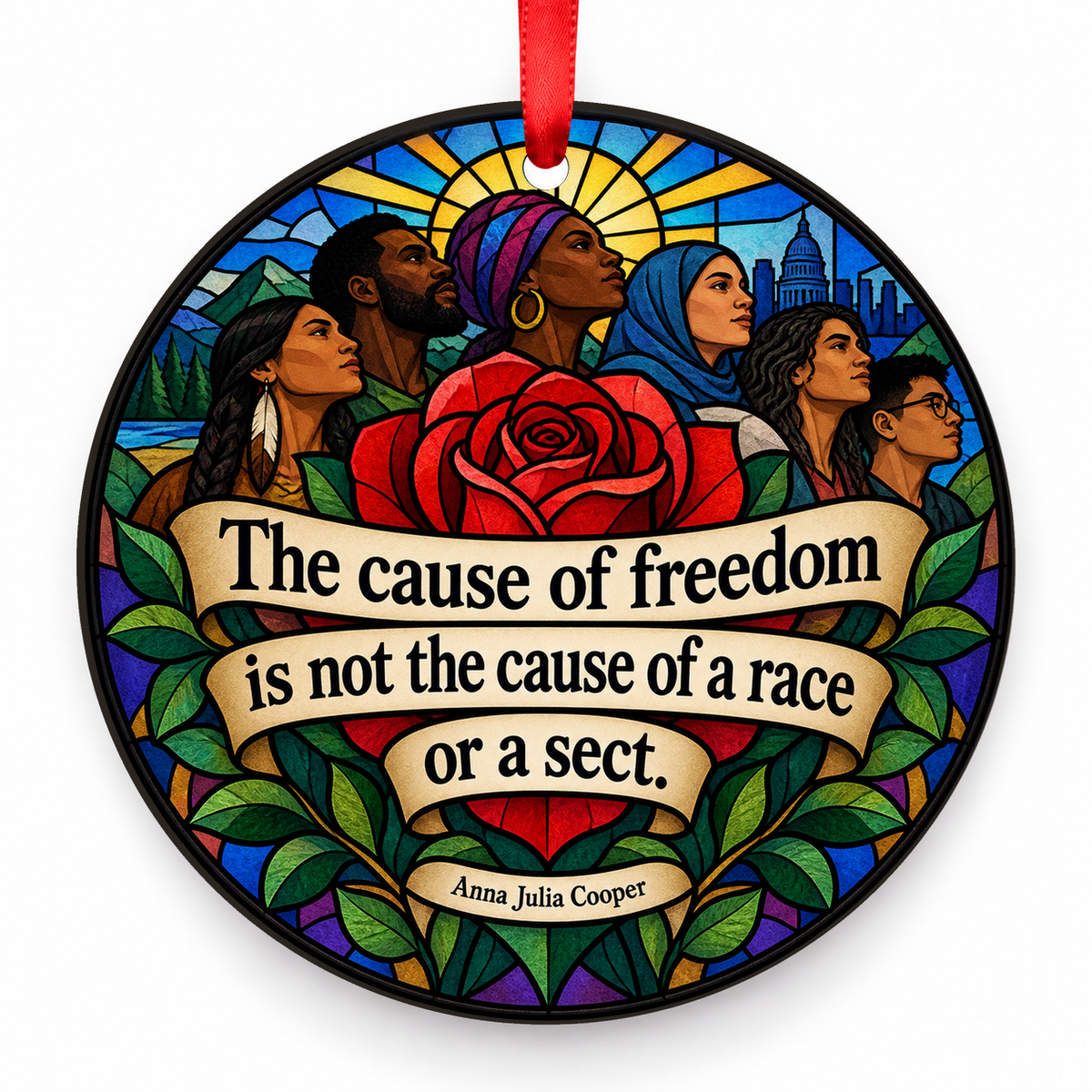 The Cause of Freedom Is Not the Cause of a Race or a Sect Christmas Ornament with red hanging ribbon