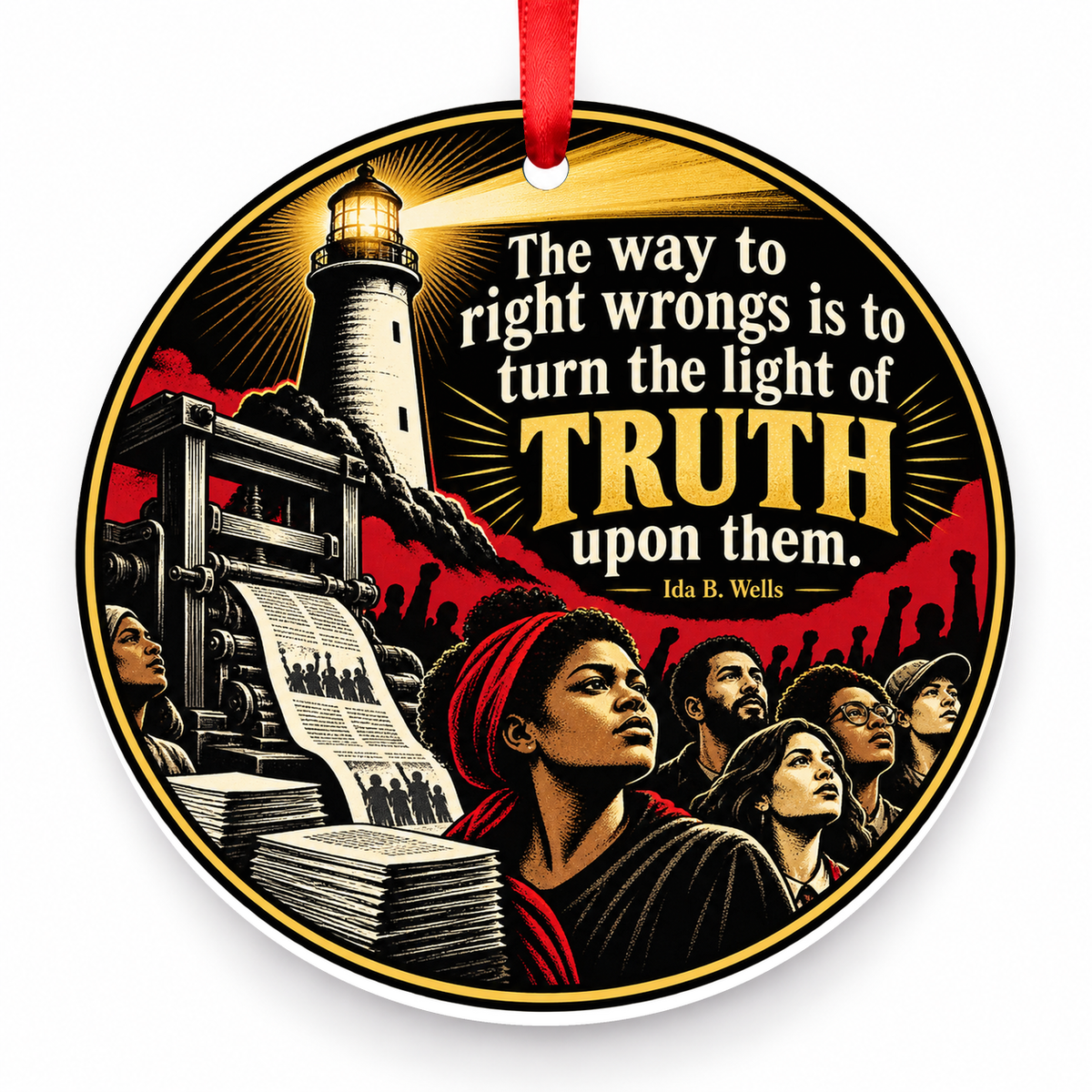 The Way to Right Wrongs is to Turn the Light of Truth Upon Them Christmas Ornament with red hanging ribbon