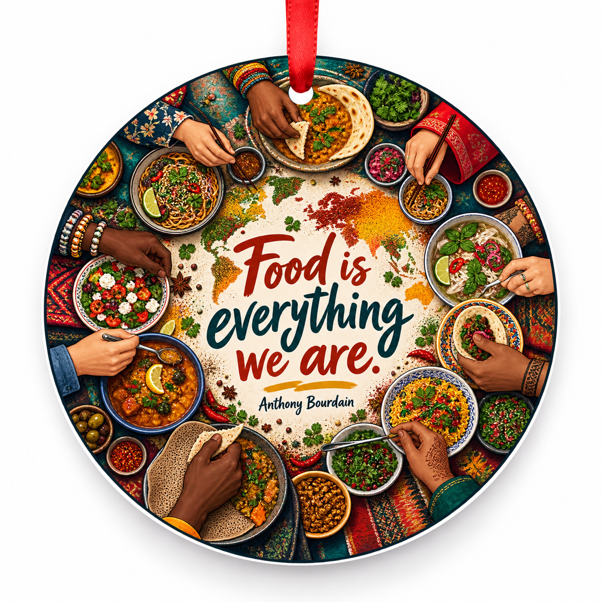Food is Everything We Are Christmas Ornament with red hanging ribbon