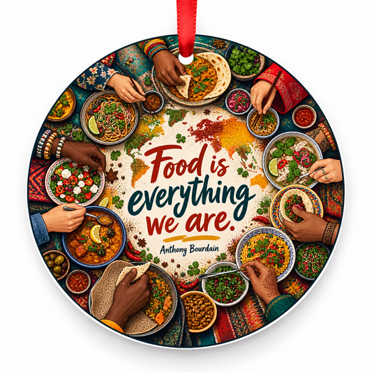 Food is Everything We Are Christmas Ornament with red hanging ribbon