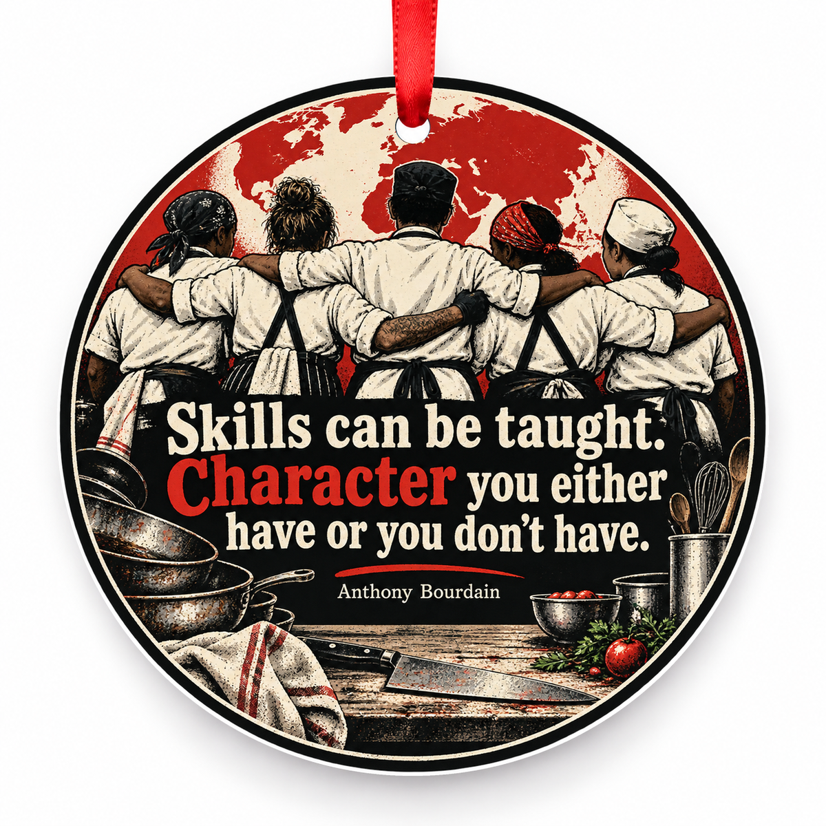 Skills Can Be Taught. Character You Either Have or You Don't Have Christmas Ornament with red hanging ribbon