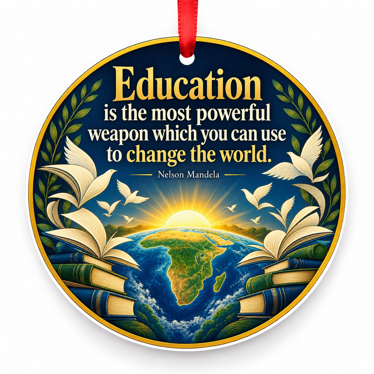 Education is the Most Powerful Weapon Which You Can Use to Change the World Christmas Ornament with red hanging ribbon