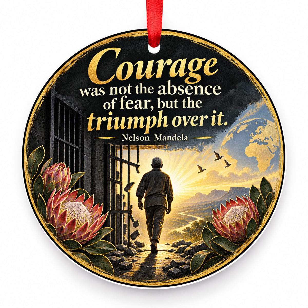 Courage Was Not the Absence of Fear, but the Triumph Over It Christmas Ornament with red hanging ribbon