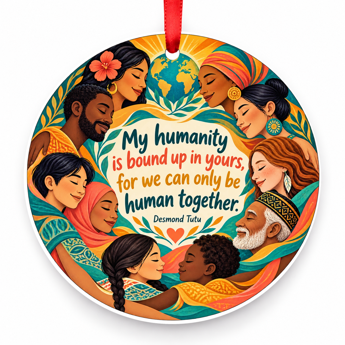 My Humanity is Bound Up in Yours, for We Can Only Be Human Together Christmas Ornament with red hanging ribbon