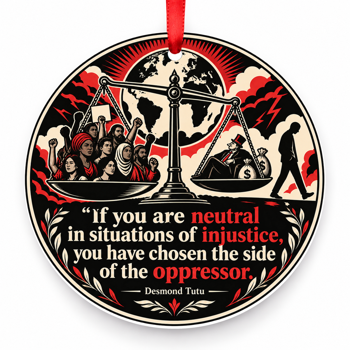 If You Are Neutral in Situations of Injustice, You Have Chosen the Side of the Oppressor Christmas Ornament with red hanging ribbon