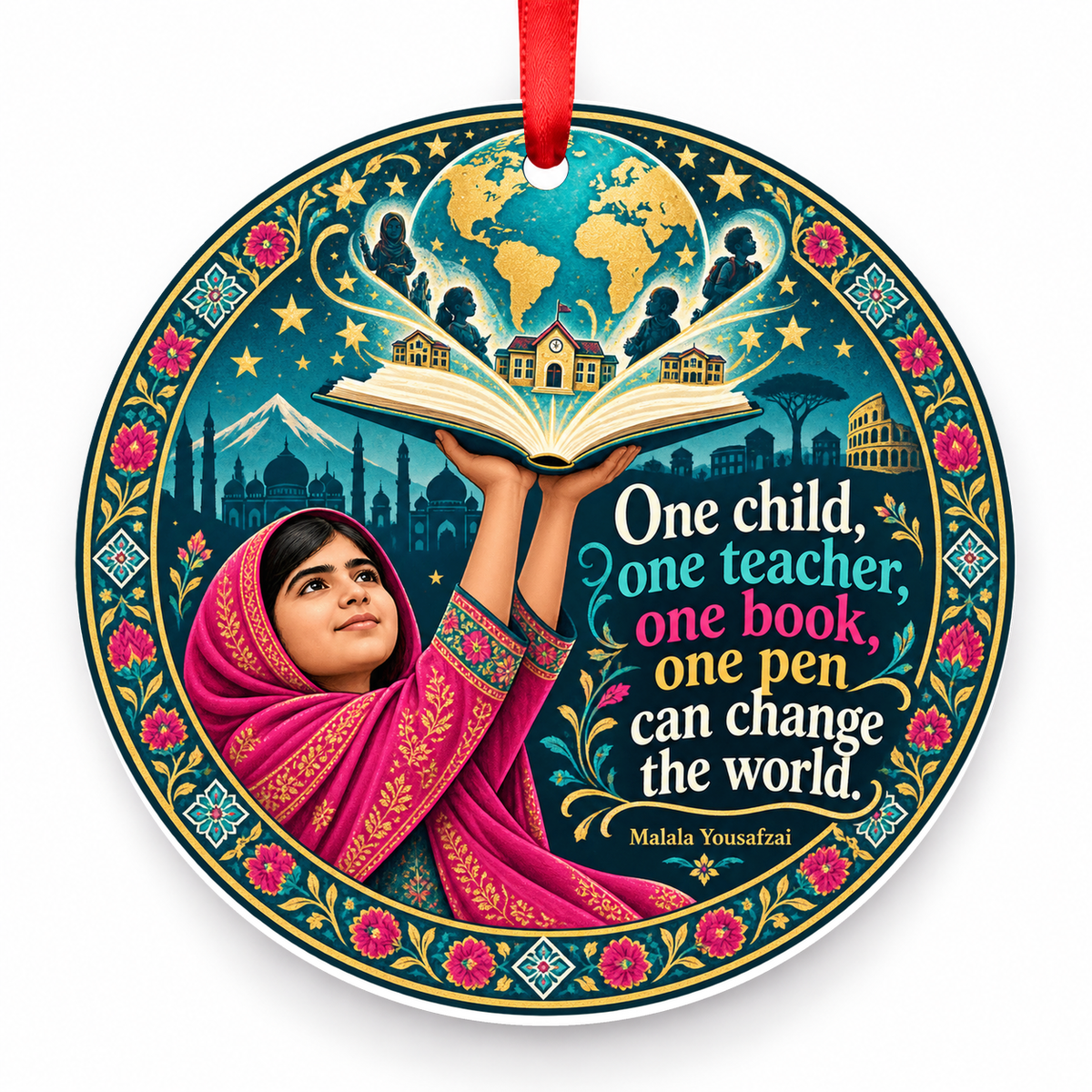 One Child, One Teacher, One Book, One Pen Can Change the World Christmas Ornament with red hanging ribbon
