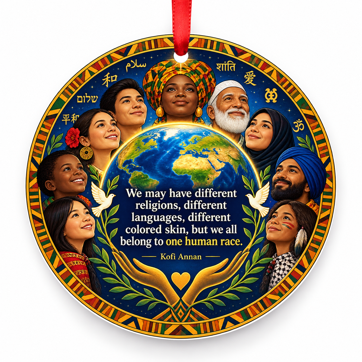 We May Have Different Religions, Different Languages, Different Colored Skin, but We All Belong to One Human Race Christmas Ornament with red hanging ribbon
