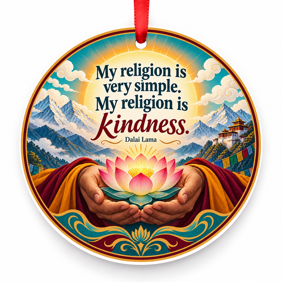 My Religion is Very Simple. My Religion is Kindness Christmas Ornament with red hanging ribbon