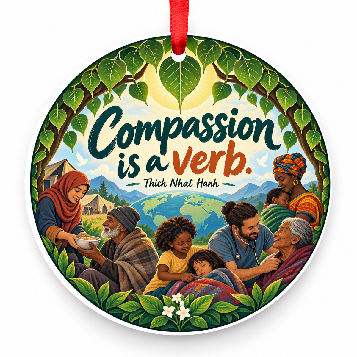 Compassion is a Verb Christmas Ornament with red hanging ribbon