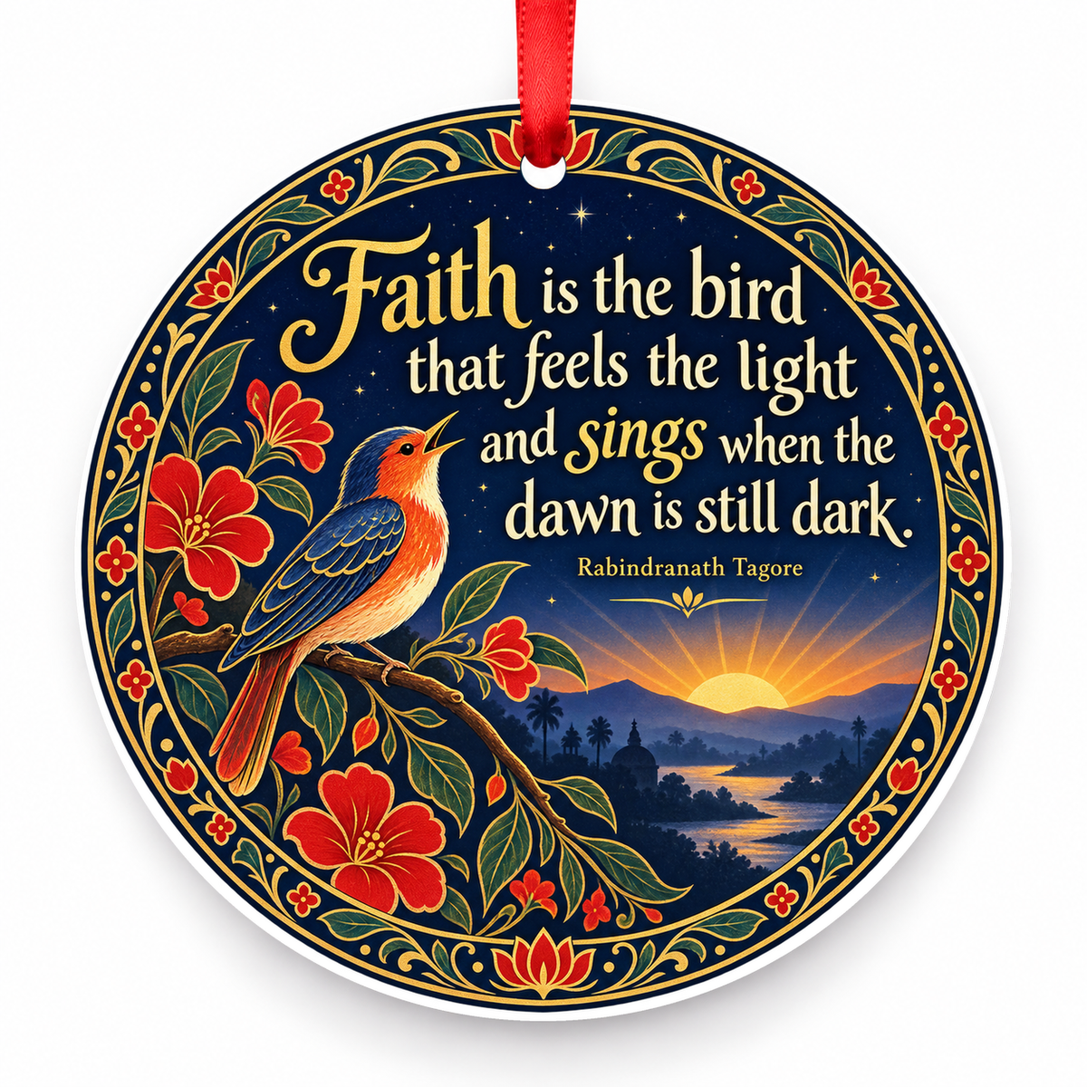 Faith is the Bird That Feels the Light and Sings When the Dawn is Still Dark Christmas Ornament with red hanging ribbon