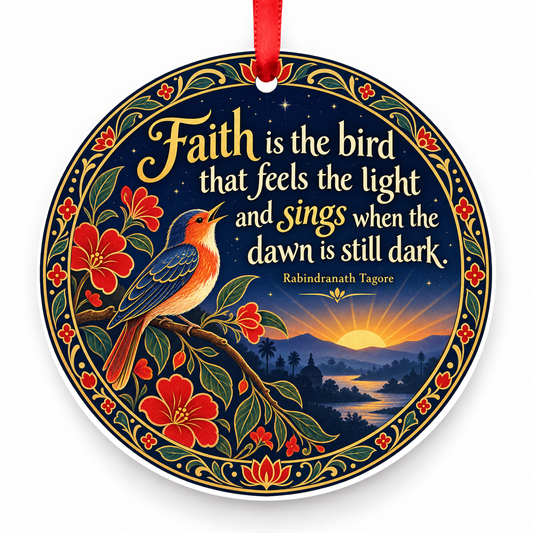 Faith is the Bird That Feels the Light and Sings When the Dawn is Still Dark Christmas Ornament with red hanging ribbon