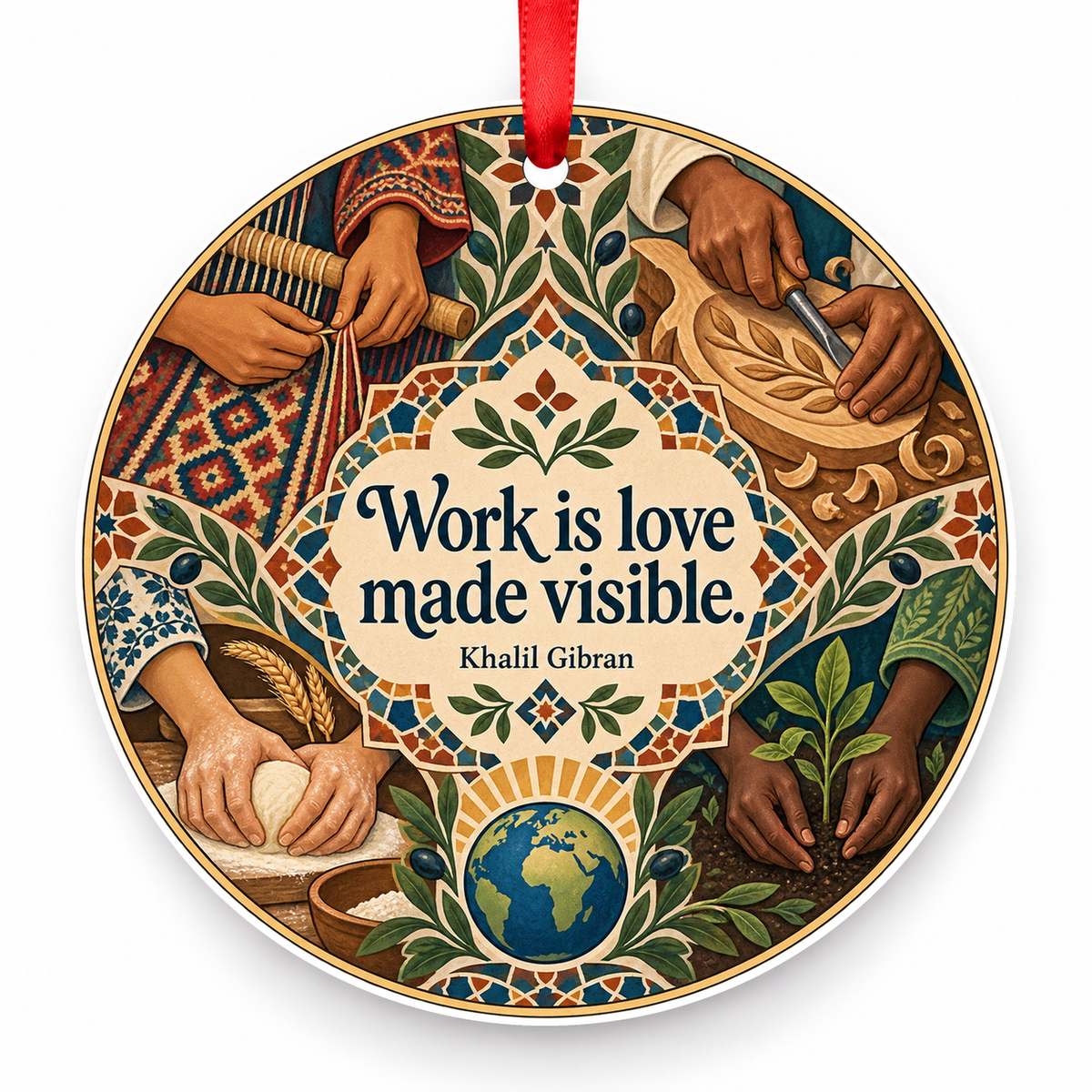 Work is Love Made Visible Christmas Ornament with red hanging ribbon
