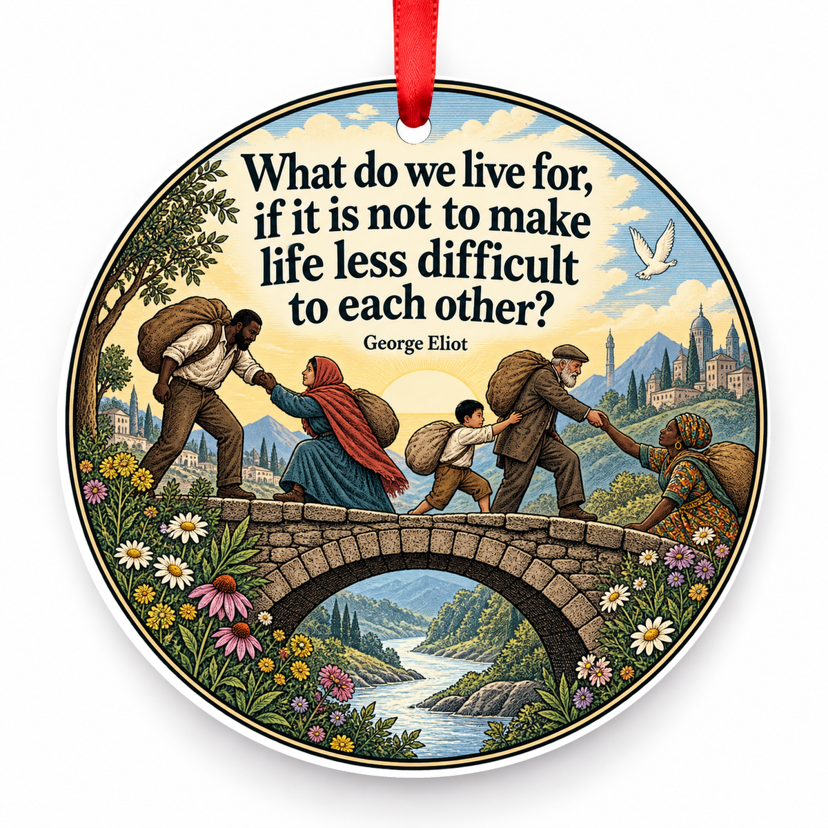 What Do We Live For, If It is Not to Make Life Less Difficult to Each Other Christmas Ornament with red hanging ribbon