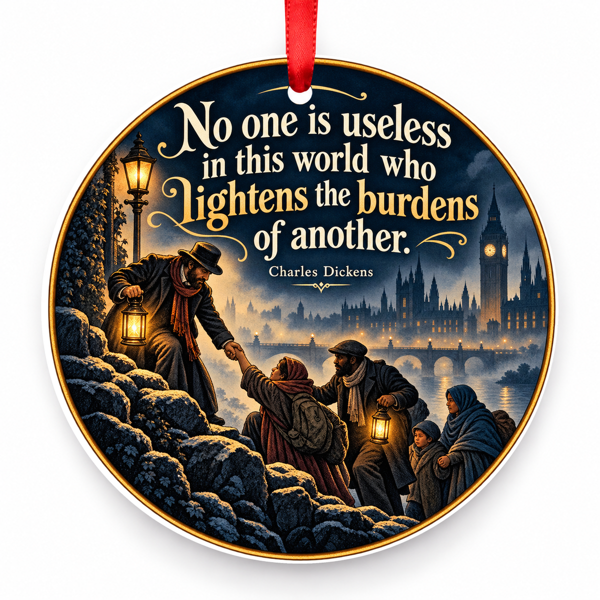 No One is Useless in This World Who Lightens the Burdens of Another Christmas Ornament with red hanging ribbon
