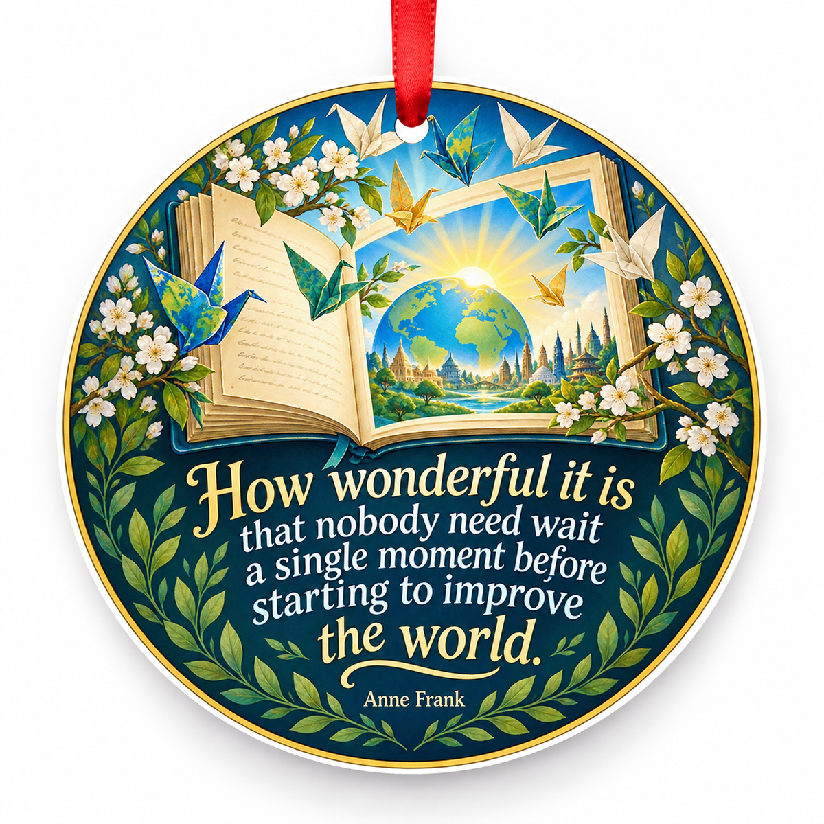 How Wonderful It is That Nobody Need Wait a Single Moment Before Starting to Improve the World Christmas Ornament with red hanging ribbon
