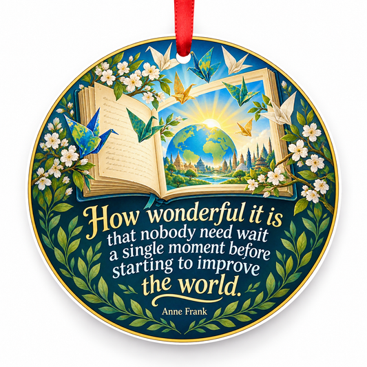 How Wonderful It is That Nobody Need Wait a Single Moment Before Starting to Improve the World Christmas Ornament with red hanging ribbon