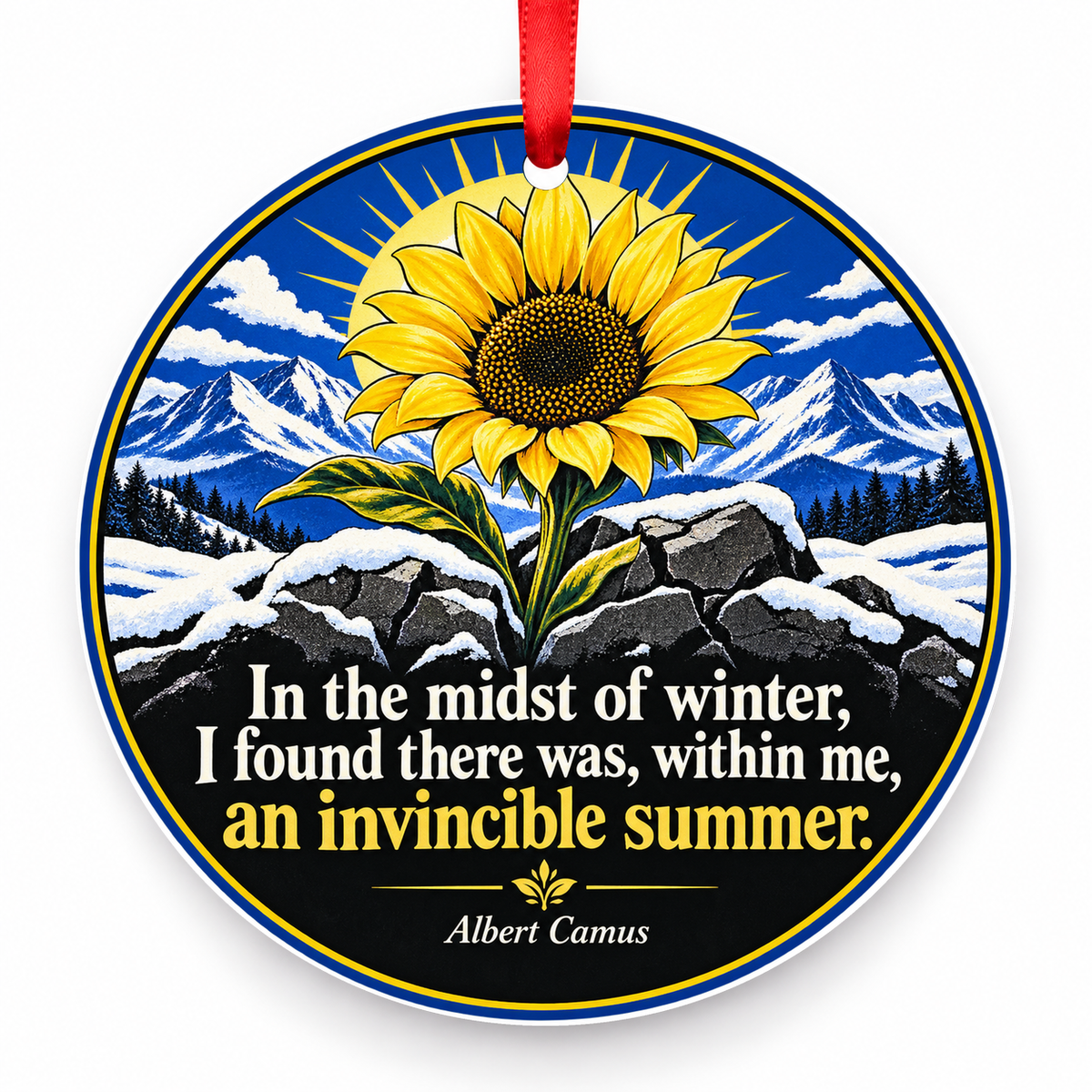 In the Midst of Winter, I Found There Was, Within Me, an Invincible Summer Christmas Ornament with red hanging ribbon