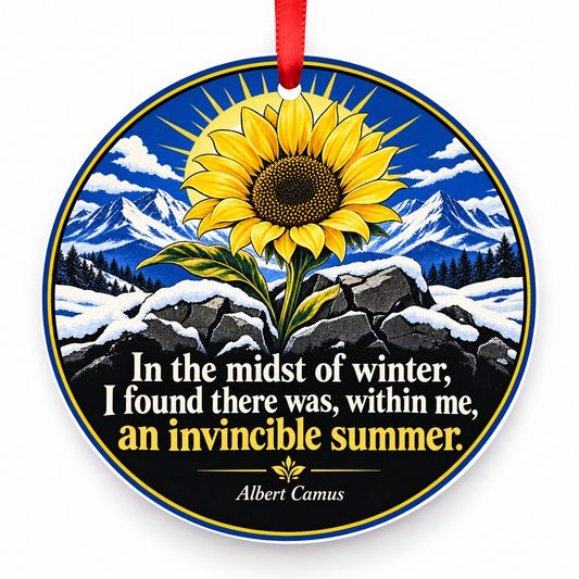 In the Midst of Winter, I Found There Was, Within Me, an Invincible Summer Christmas Ornament with red hanging ribbon