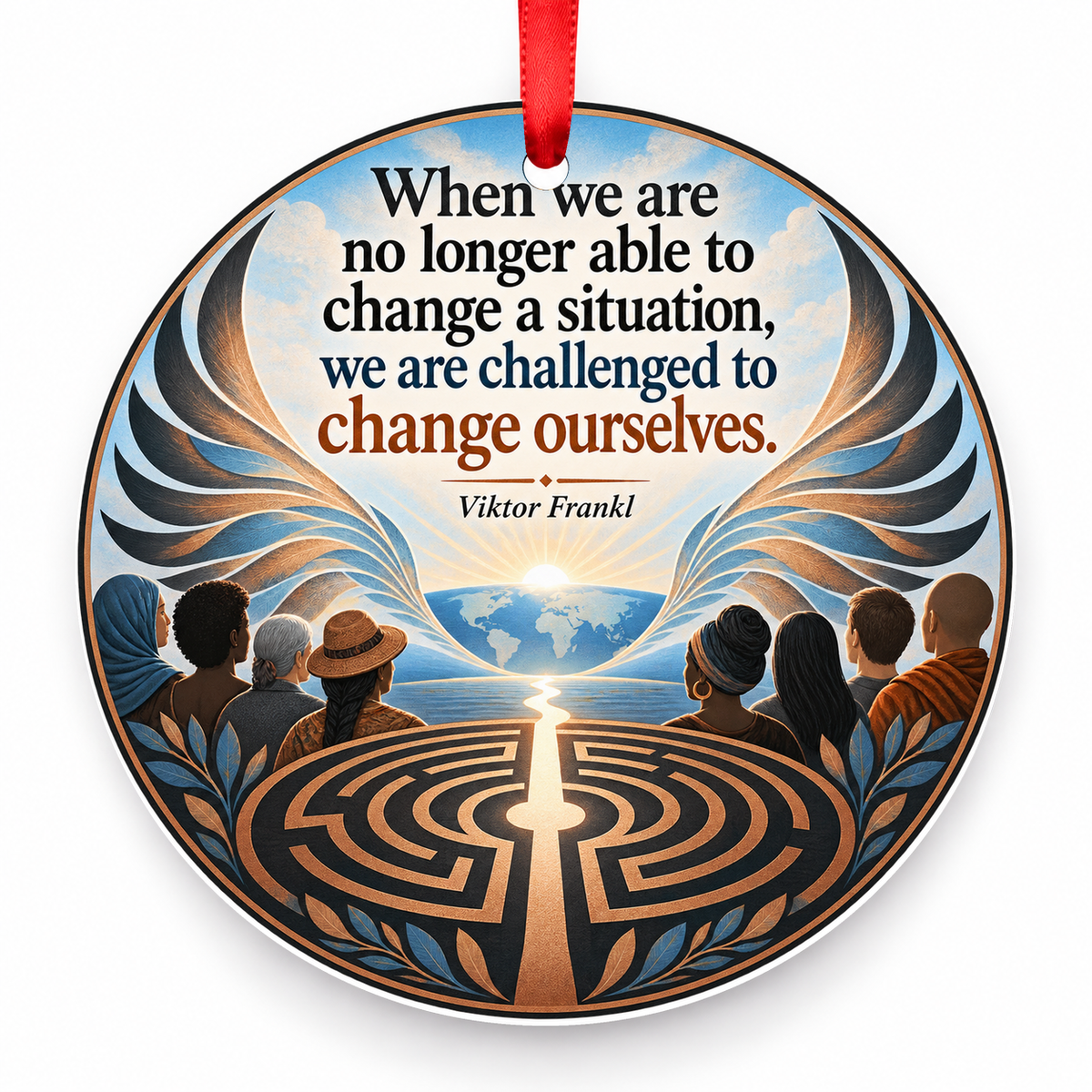 When We Are No Longer Able to Change a Situation, We Are Challenged to Change Ourselves Christmas Ornament with red hanging ribbon