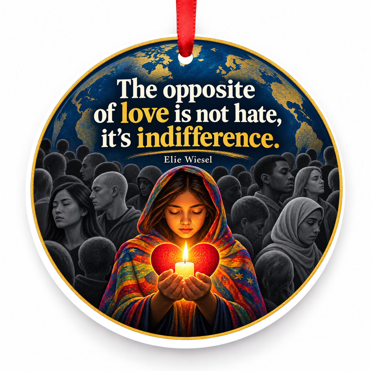 The Opposite of Love is Not Hate, It's Indifference Christmas Ornament with red hanging ribbon