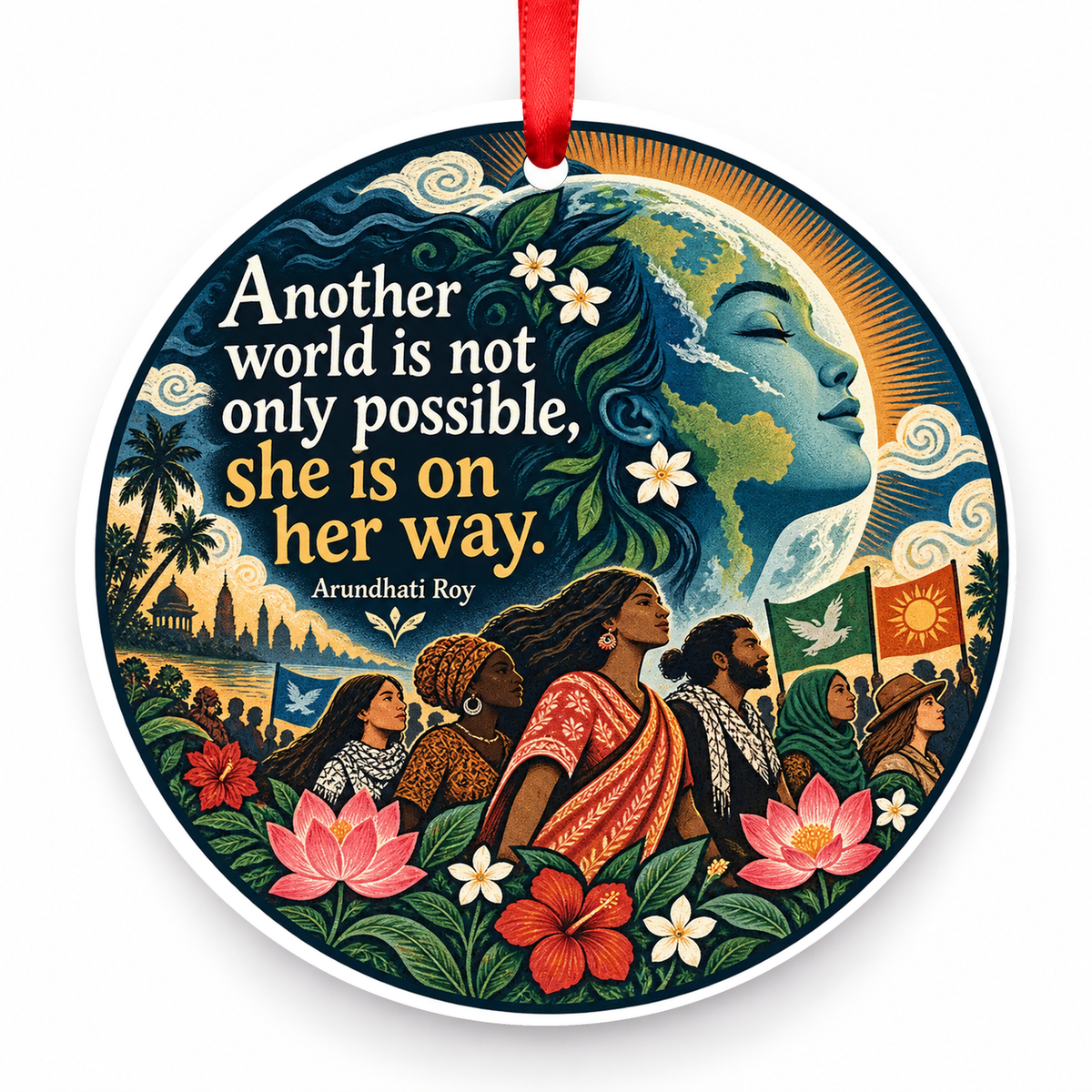 Another World is Not Only Possible, She is on Her Way Christmas Ornament with red hanging ribbon