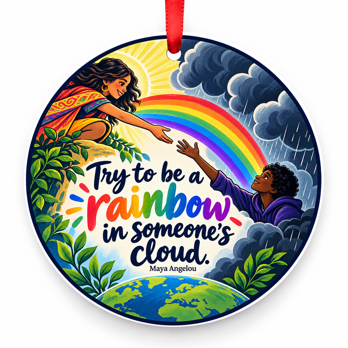 Try to Be a Rainbow in Someone's Cloud Christmas Ornament with red hanging ribbon