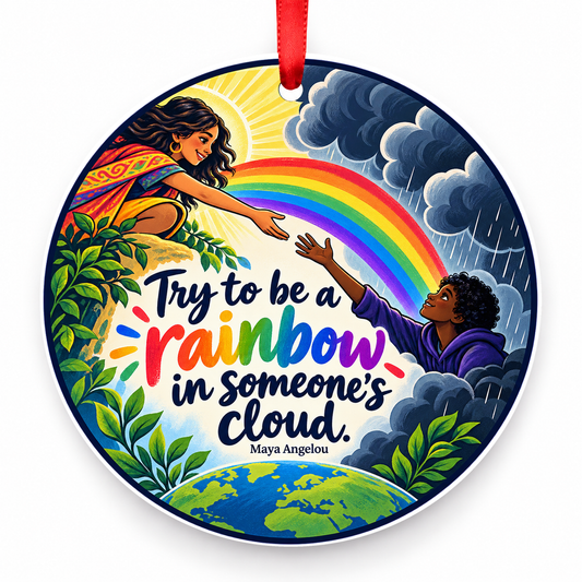 Try to Be a Rainbow in Someone's Cloud Christmas Ornament with red hanging ribbon